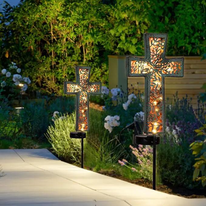 Solar Cross Garden Stake Lights 38inch Outdoor Waterproof Memorial Garden Decor 2 Lighting Modes Cemetery Decorations for Grave for Remembrance Gifts & Sympathy Gifts (Blue Cross) by GreenHaven Gardens