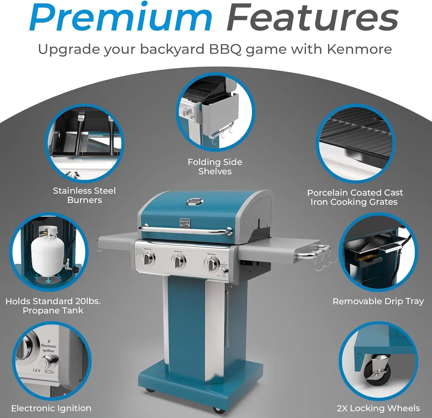 Kenmore 3-Burner Propane BBQ Grill, 30,000 BTUs Gas Grill with Cast Iron Cooking Grates, Folding Side Tables & Wheels, Outdoor Grill with Tool Hooks, Teal by GreenHaven Gardens