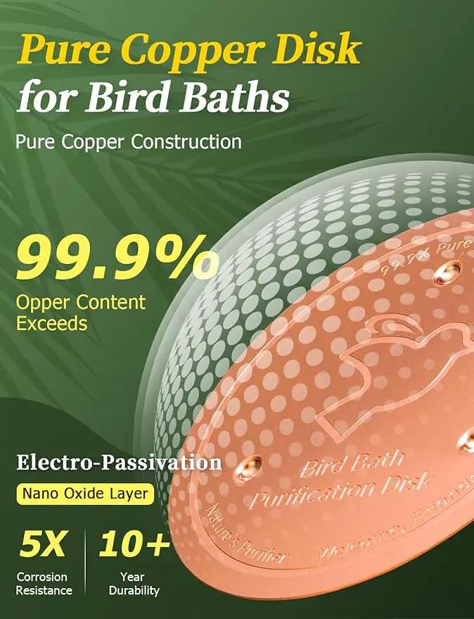 Mellbree 3-Pack Bird Bath Copper Disk, 0.6mm Reinforced 99.99% Pure Copper Cleaning Disk with Triple-Point Support for Physical Safe Clean Water All-Season by GreenHaven Gardens