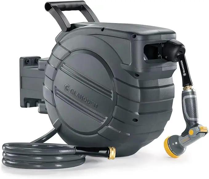 Retractable Garden Hose Reel 5/8 in x 90 ft, 2025 Upgraded Dual Ratchet Lock UV & Freeze Protection Brass Seal Slow Retraction Anti-Tangle Hose 180°Swivel Reinforced Scaffold Wall Mount by GreenHaven Gardens