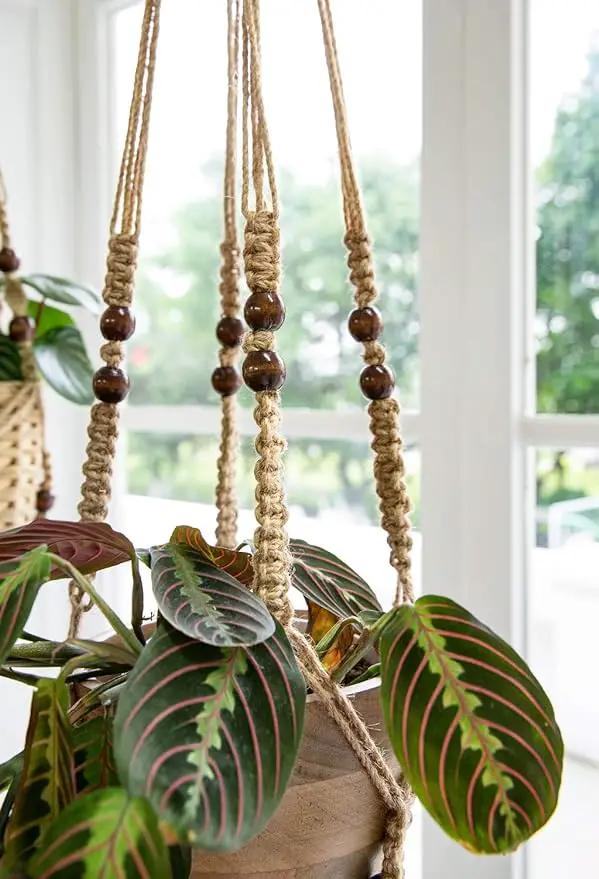 Mkono Macrame Plant Hanger Indoor Jute Hanging Planter Basket with Wood Beads Decorative Flower Pot Holder No Tassels for Indoor Outdoor Boho Home Decor 35 Inch, Brown, Set of 1 (POTS NOT Included) by GreenHaven Gardens
