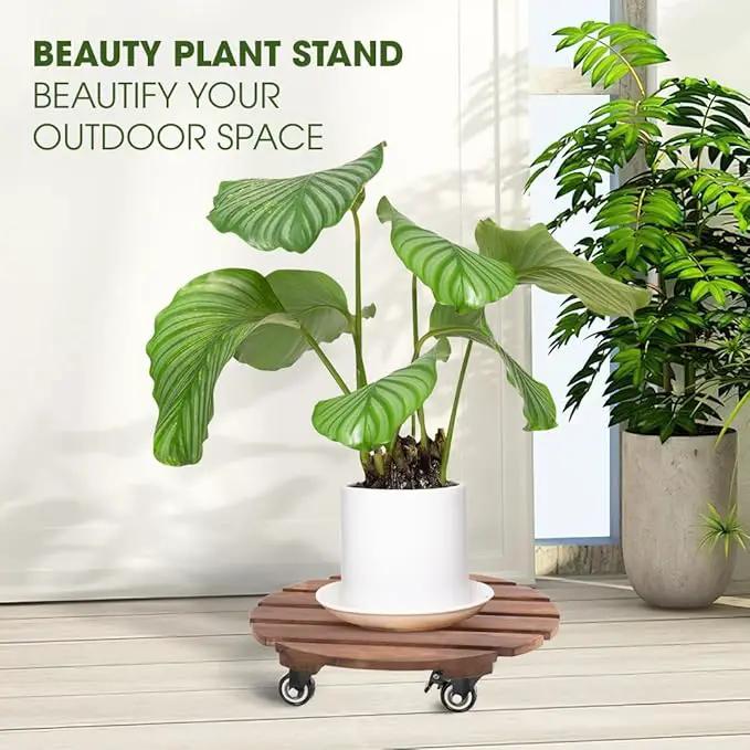 2pack Wood Plant Caddy With Wheels Heavy Duty Red Brown, 264 Lbs Capacity, 12 Inch Acacia Hardwood Plant Dolly, Plant Stand with 360° Lockable Wheels for Plant Pots, Heavy Objects Hauling by GreenHaven Gardens