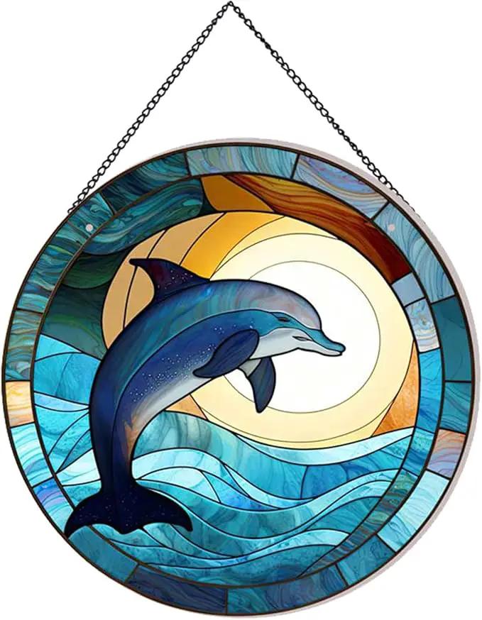 Dolphin Pattern Suncatcher Stained Glass,Hanging Stained Glass for Windows,20cm/7.87inch Hand-Painted Sun Catcher Garden Hangings Painted Glass Panel Decor Themed Gift by GreenHaven Gardens