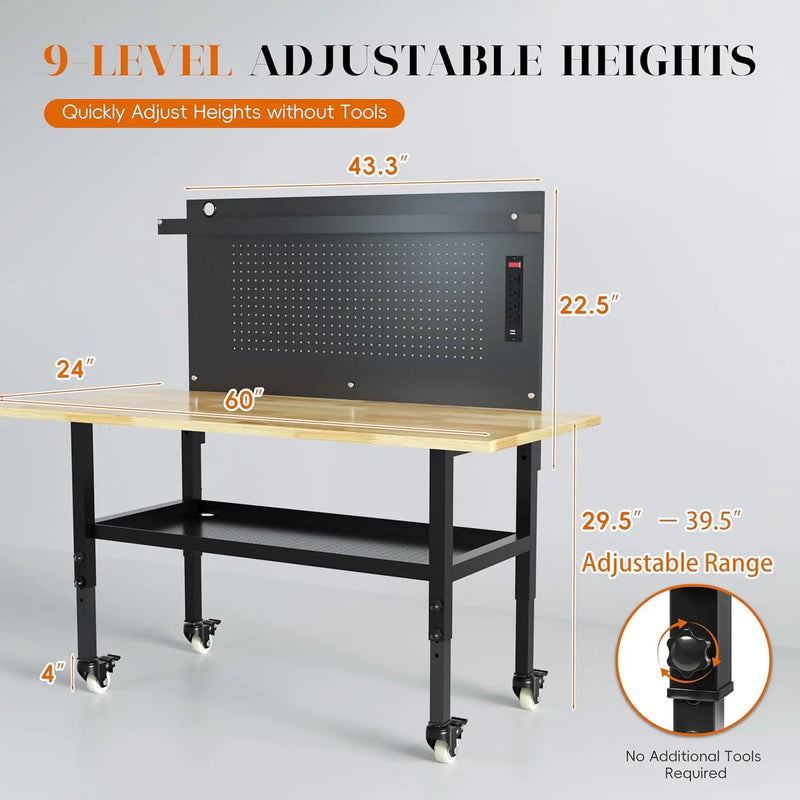 60" Heavy Duty Adjustable Workbench with Large Pegboard& Partition, Adjustable Work Table with Power Outlets & Lockable Wheels, Rubber Wood Workstation for Garage, Workshop, Office, Home, Commercial by GreenHaven Gardens