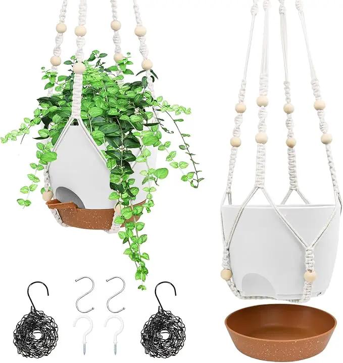 Hanging Planters for Indoor Outdoor Plants, 2 Pack Self Watering Hanging Pot with Drainage Holes, Removable Tray & 2 Kinds of Plant Hangers, 8'' Hanging Flower Pots for Home Garden Decor, White by GreenHaven Gardens