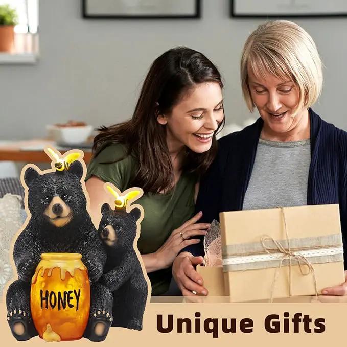 Solar Garden Decor Statues 7" Resin Mother&Cub Bear Figurines with Honey Jar Waterproof Black Bear Decor for Outside Yard Patio Porch Decoration Gift for Mom Grandma by GreenHaven Gardens