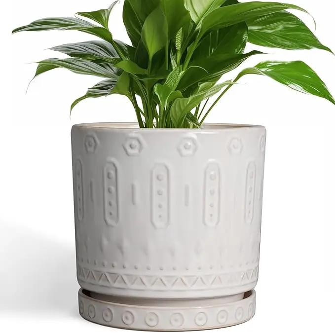Ceramic Planter for Indoor Plants - 8 Inch Plant Pot Outdoor Flower Pot with Drainage Holes and Saucer Modern Round Planter Succulent Pot for Home Garden Decor White by GreenHaven Gardens