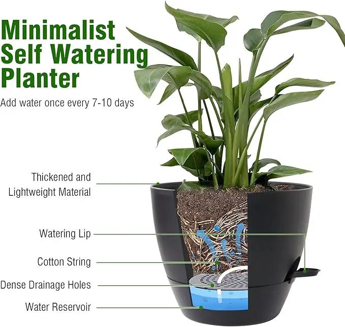 10/9/8 inch Medium Self Watering Pots, Plant Pots with Mesh Drainage Holes for Indoor Outdoor Garden Plants, Flower Pots with Removable Deep Reservoir, Set of 3 Plastic Planters, Black by GreenHaven Gardens