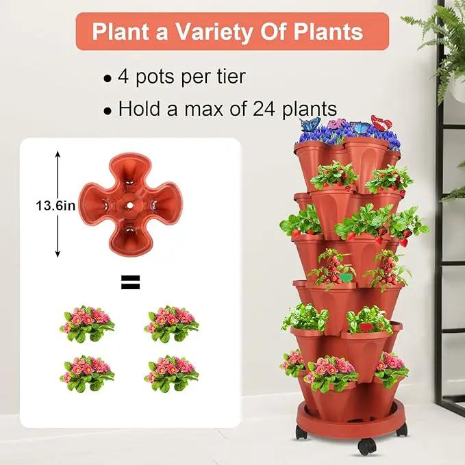 Vertical Planter, 6 Tier Stackable Strawberry Planter with Garden Tool Set, Movable Indoor/Outdoor Garden Herb Pot for Growing Vegetables and Succulents, Red by GreenHaven Gardens