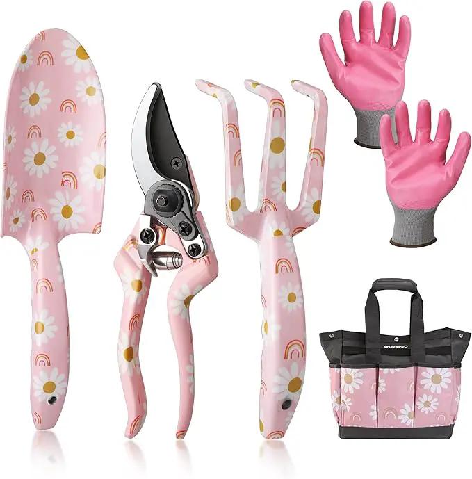 WORKPRO 5PCS Garden Tool Set, Aluminum Heavy Duty Gardening Tool Set with Garden Tool Bag, Outdoor Garden Hand Tools, Pink, Garden Gifts by GreenHaven Gardens