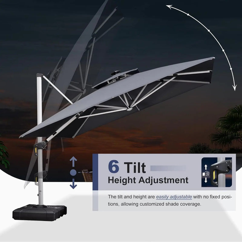PURPLE LEAF 11 Feet Double Top Deluxe Solar Powered LED Square Patio Umbrella Offset Hanging Umbrella Outdoor Market Umbrella Garden Umbrella, Grey by GreenHaven Gardens