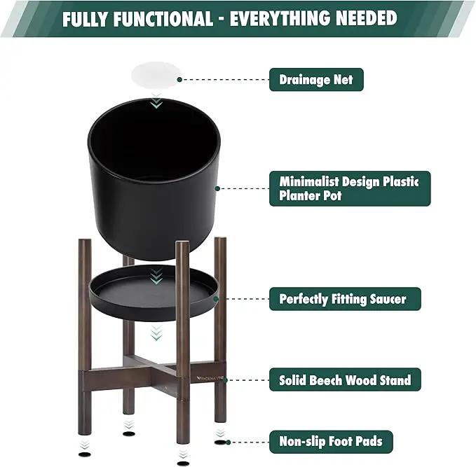D'vine Dev Planter Pot with Stand - 14 Inch Plastic Cylinder Flower Pot with Wood Planter Holder for Indoor, Matte Black Pot + Walnut Color Stand, 55-C-R-2 by GreenHaven Gardens