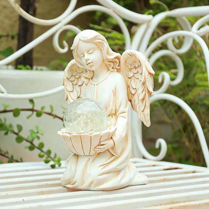 Angel Statues for Garden - Guardian Ange with Light - 8.3" Waterproof Outdoor Angel Memorial Scupture, Solar Angels Figurines Holding Glass Balls for for Patio, Yard, or Cemetery by GreenHaven Gardens