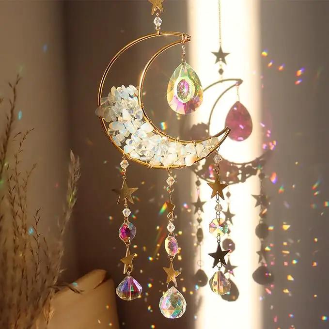 Crystal Suncatcher Hanging Moon Sun Light Catcher with Glass Prisms for Window Natural White Spar Crystal Decor Home Indoor Making Rainbows by GreenHaven Gardens