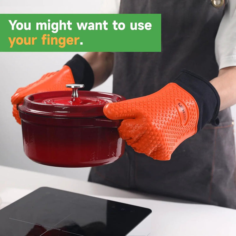 GEEKHOM BBQ Gloves Heat Resistant Oven Mitts - Silicone Grilling Gloves with 14" Long Arm Protection - Waterproof Pot Holder Non-Slip for Men & Women, Kitchen Cooking, Baking, Camping, Orange by GreenHaven Gardens
