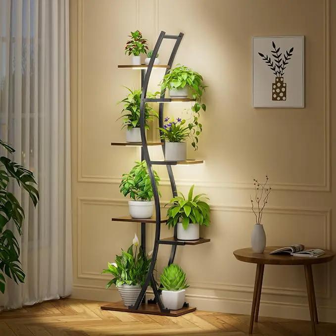 62" Tall Plant Stand with Grow Light Indoor, 7 Tiered Metal Plant Shelf Bookshelf, Curved Corner Flower Stand Display Storage Rack Holder for Living Room, Balcony Decor by GreenHaven Gardens