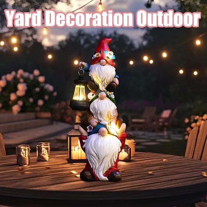Garden Gnome Statue with Solar Lights Large Garden Sculptures Funny Triple Gnome Outdoor Patio Lawn Yard Balcony Garden Home Decor Gifts for Women Mom 12 in Spring Summer Gnomes Outdoor by GreenHaven Gardens
