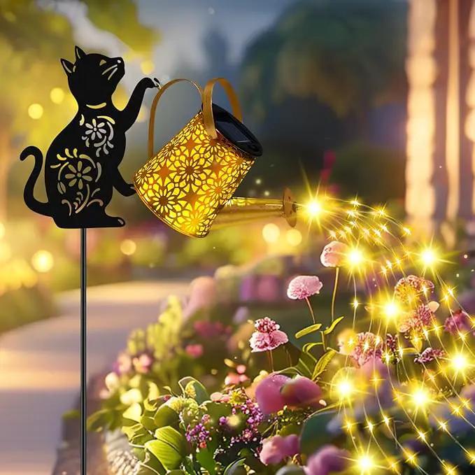 Solar Lights Outdoor Decorative, Watering Can with Cascading Lights, with Cat Silhouette Garden Stakes, Waterproof Metal Garden Decor for Yard Art, Outside, Patio, Lawn Ornaments by GreenHaven Gardens