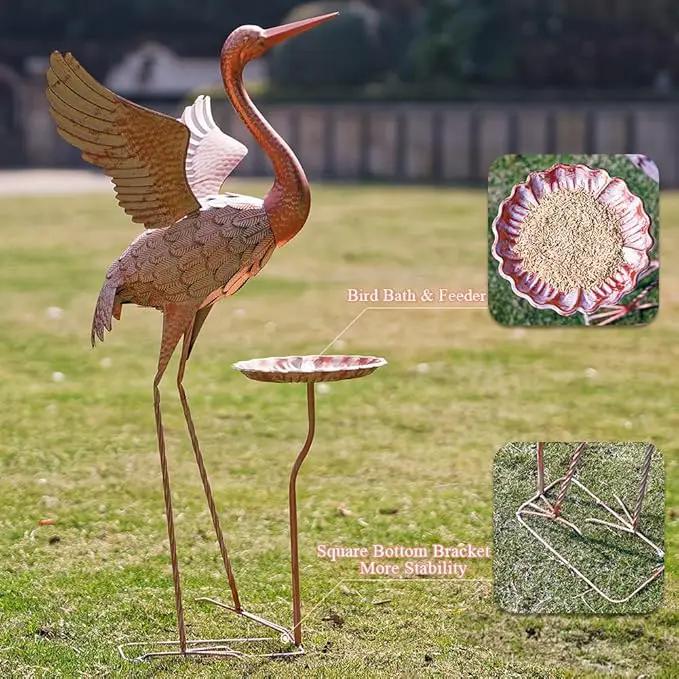 Crane Garden Statue with Birdbath, 40'' Heron Garden Statue, Crane Metal Yard Art for Outside, Backyard, Lawn, Porch Decor by GreenHaven Gardens