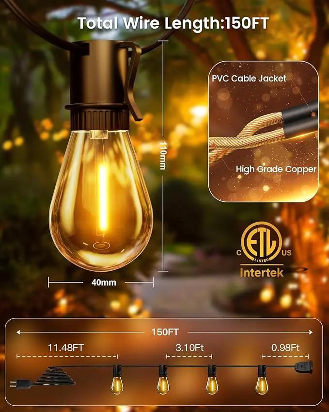 150FT Outdoor String Lights LED, 45+3 S14 Bulbs Shatterproof, IP54 Waterproof Dimmable for Large Outdoor Events, Resorts, Hotel Lighting - Commercial Grade Connectable by GreenHaven Gardens