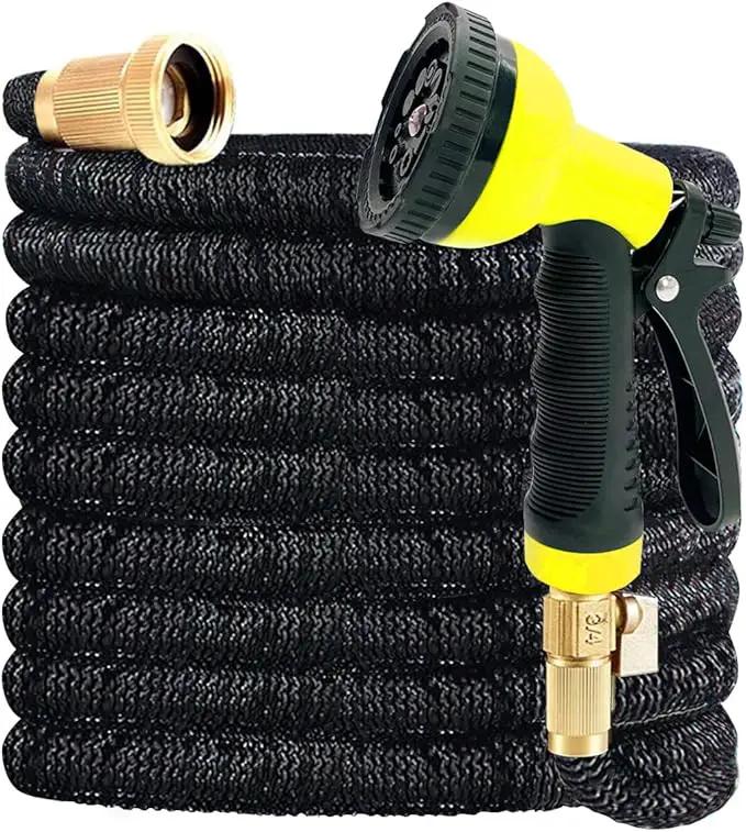 J&B XpandaHose 100ft Expandable Garden Hose with Holder - Heavy Duty Superior Strength 3750D - 4 -Layer Latex Core - Extra Strong Brass Connectors and 10 Spray Nozzle w/Storage Bag (Black 100) by GreenHaven Gardens