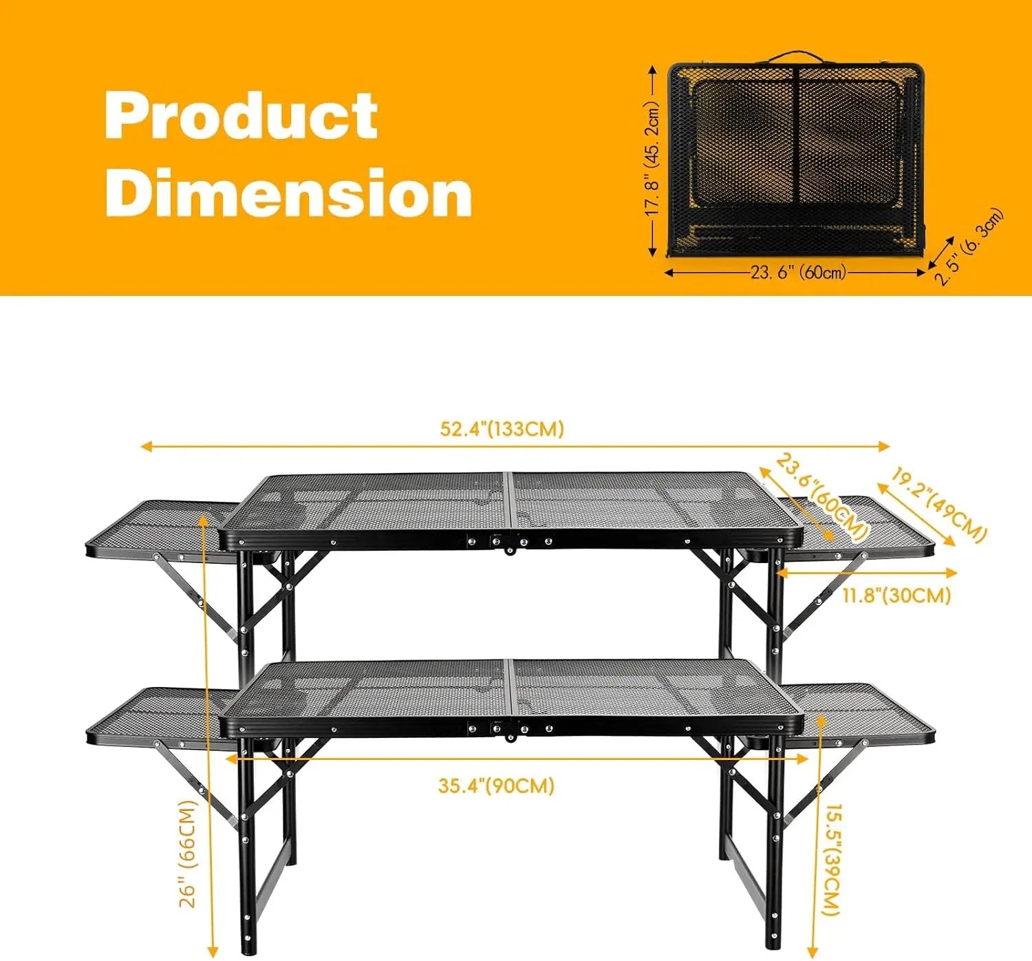 Grill Table 3FT+1.4 FT Folding Table with 2 Wing Panels with Mesh Desktop 2 Height Adjustable Portable Grill for Outdoor Indoor Beach BBQ Picnic Travel RV Black by GreenHaven Gardens