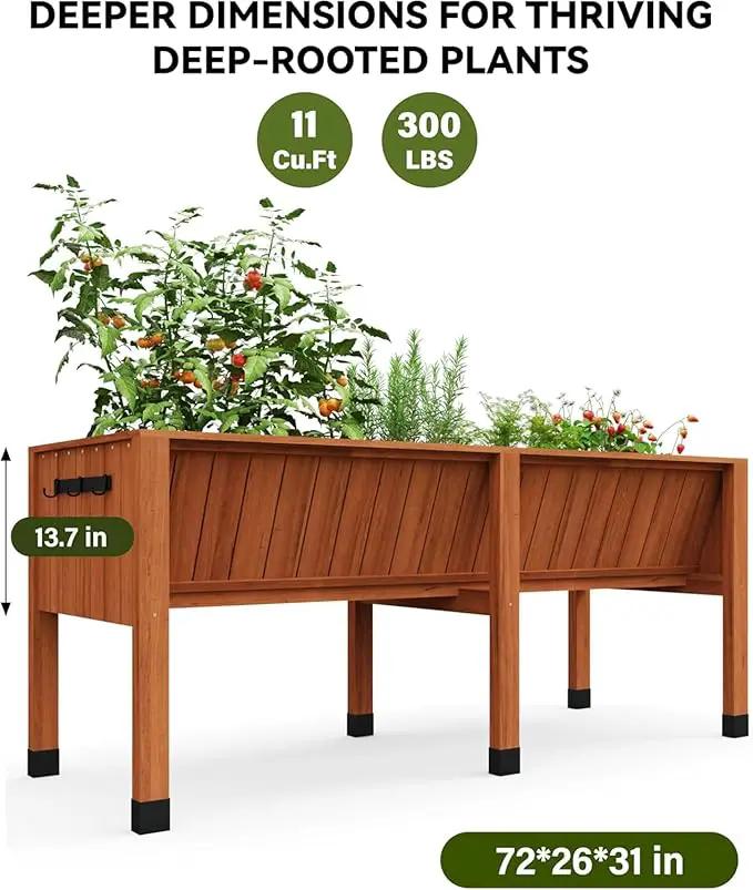 72x26x31 Inch Raised Garden Bed with Legs, 13.7In Depth Wooden Planter Box for Outdoor Growing Vegetables and Herbs, Elevated Garden Bed with Hooks for Backyard, Patio, Balcony by GreenHaven Gardens