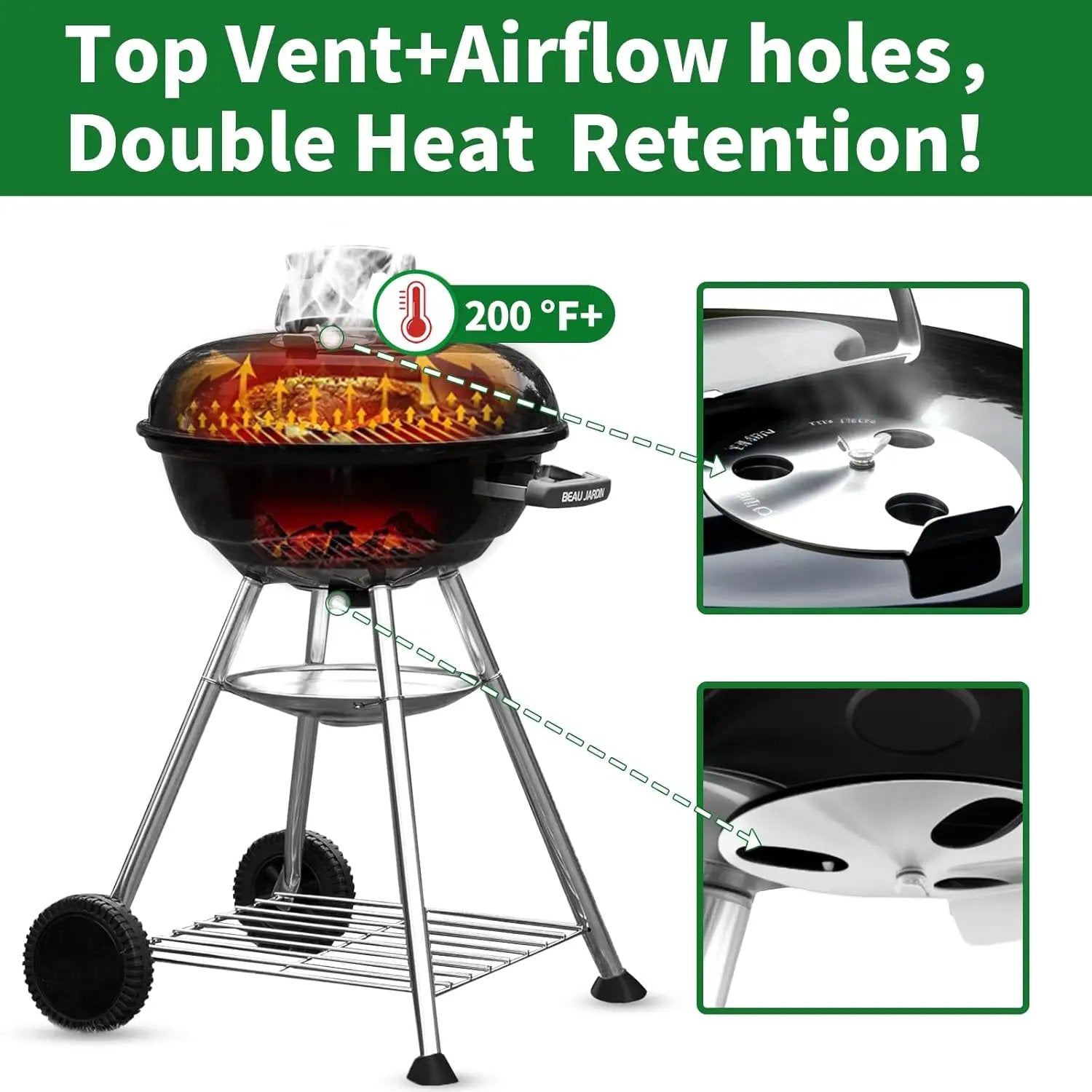 BEAU JARDIN Charcoal Grill 18 Inch for Outdoor Cooking BBQ Barbecue Coal Kettle Bowl Grill Portable Heavy Duty Round with Wheels Grilling for Tailgating Patio Backyard Camping Black BG4691 by GreenHaven Gardens