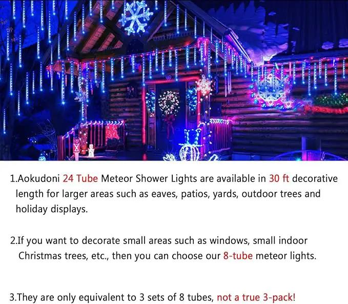 Outdoor Christmas Decorations, 24 Tubes(Equivalent to 3 Sets of 12Inch 8-Tubes) Meteor Shower Lights Snow Falling Icicle Christmas Lights Outdoor for House Tree Halloween Garden Decor, UL Plug, Blue by GreenHaven Gardens