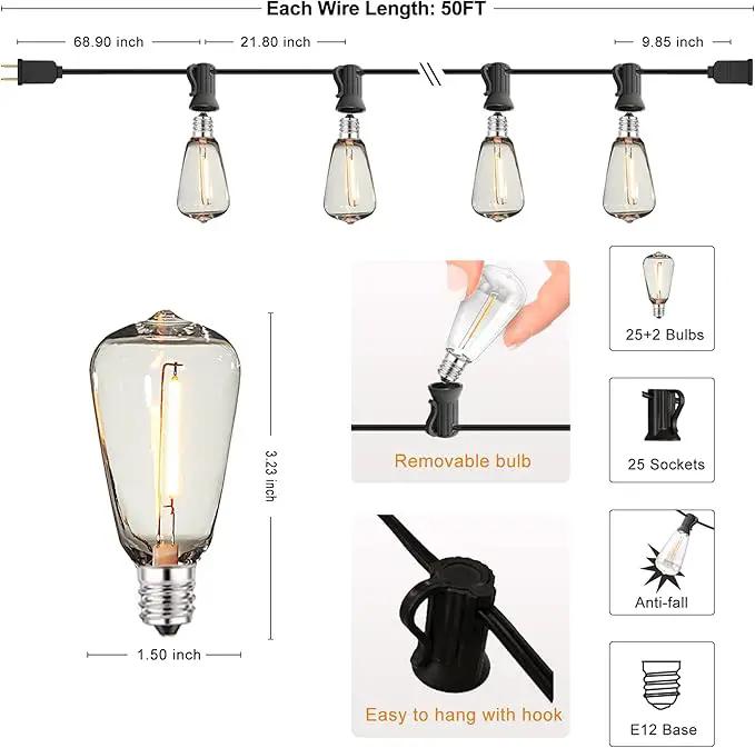 DAMAING Outdoor String Lights 50 FT Waterproof Patio Light String Lights with 27 ST38 Vintage Shatterproof LED Edison Bulbs,Retro Connectable Bistro Lights for Backyard Gazebo Balcony. by GreenHaven Gardens