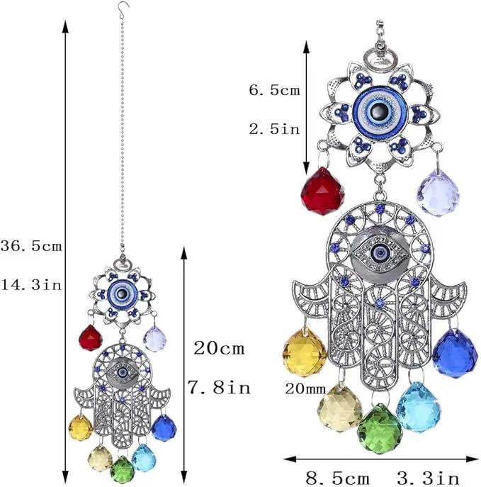 Hamsa Hand with Blue Evil Eye Protection Hanging Crystal Ornament with Chakra Energy Crystal Balls by GreenHaven Gardens