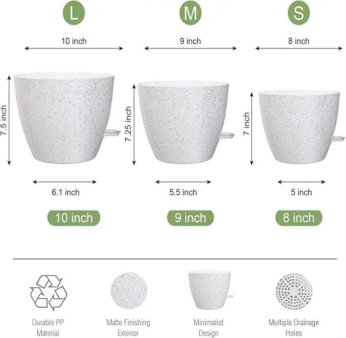 10/9/8 inch Self Watering Pots, Set of 3 Plastic Planters with Mesh Drainage Holes and Deep Reservoir for Indoor Outdoor Garden Plants and Flowers, White Speckles by GreenHaven Gardens