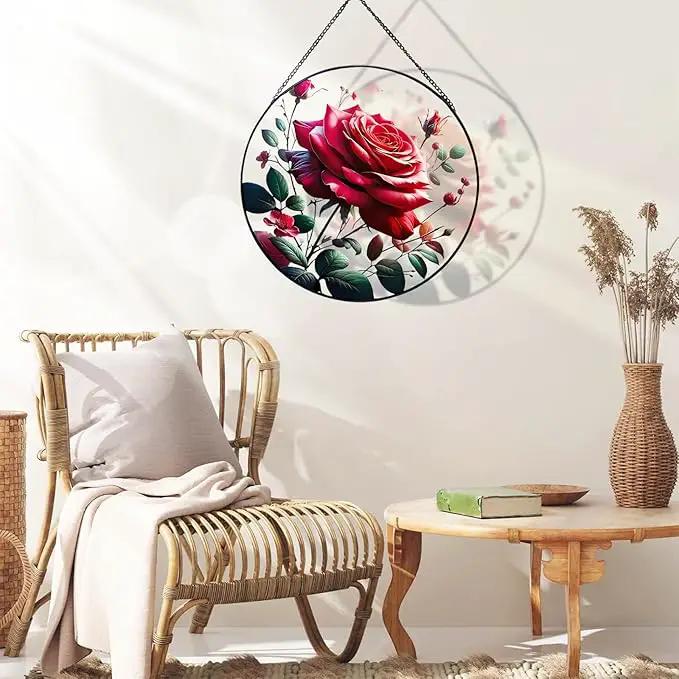 RIVEENY Red Rose Stained Glass Window Hanging,8" Valentines Day Rose Gifts for Wife Girlfriend,Birthday Gift for Women, for Mom Grandma Aunt Sister by GreenHaven Gardens