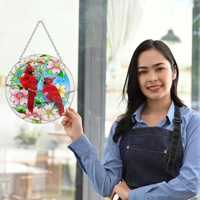Cardinal Suncatcher Stained Glass, Cardinal Gifts for Women, Stained Glass Window Hanging - Red Birds Suncatchers for Windows, American Glass Hanging, Hand Painted Glass for Birds Lover (6inch) by GreenHaven Gardens