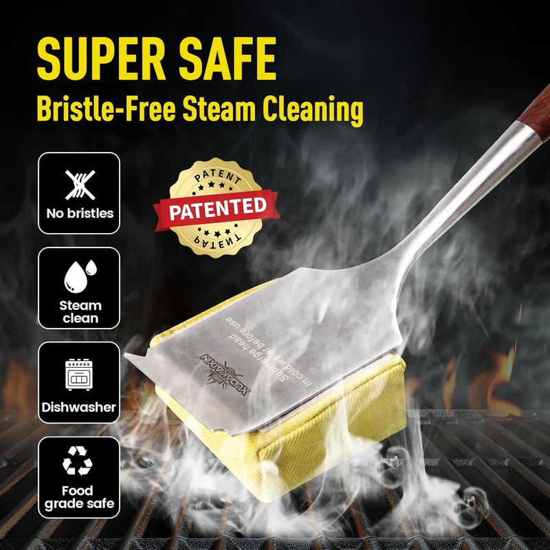 Bristle-Free Steam Grill Brush,with Extended Luxurious Rosewood Handle,Unique Seamless-Fit Scraper Tool,BBQ Replaceable Cleaning Head,Grill Cleaner for Outdoor Grill,Gifts for Men/Dad by GreenHaven Gardens