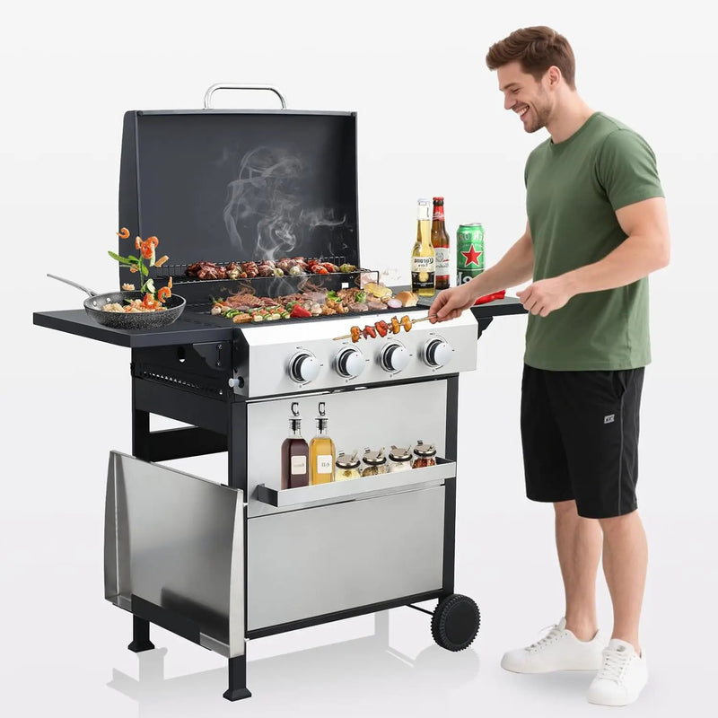 4-Burner Propane Gas BBQ Grill with Porcelain-Enameled Cast Iron Grates, Baking Sheet, 2 Foldable Side Table, 49,200 BTU Stainless Steel Grill for Outdoor Camping Barbecue Grilling Backyard Cooking by GreenHaven Gardens