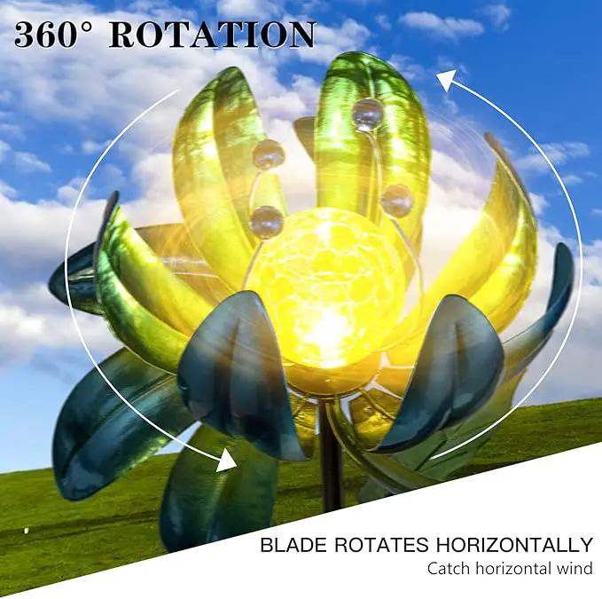 Huaxu Solar Outdoor Lights 35.4In Garden Decor Flower Wind Spinners,Waterproof LED Crackle Glass Globe Blue Lotus Art Metal Stake for Lawn Patio Pathway Yard Porch Driveway Decorations Gift by GreenHaven Gardens