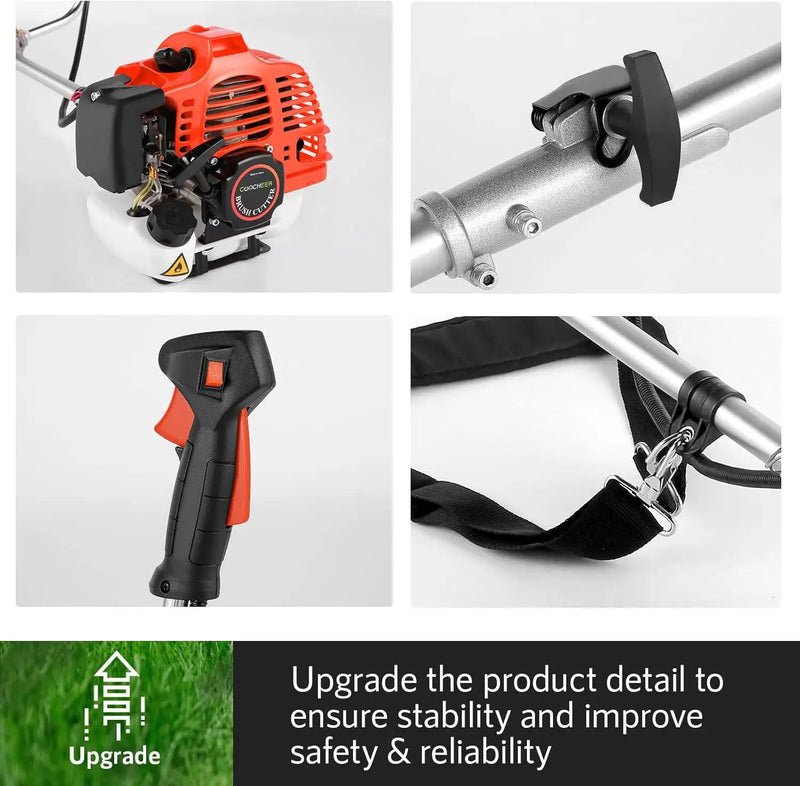58CC Weed Wacker Brush Cutter, Gas Powered String Trimmer 4-in-1 Gas Weed Eater with 4 Detachable Heads Straight Shaft 2-Cycle for Weed, Brush(Orange) by GreenHaven Gardens
