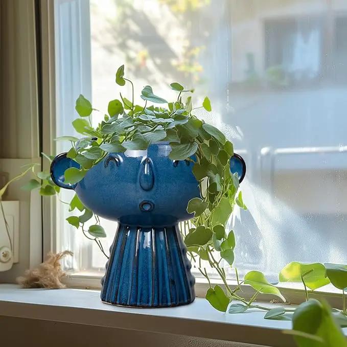 Head Planter Pot - 7 Inch Cute Face Planter for Indoor Outdoor Plants Ceramic Succulent Pot Round Flower Pot Present for Mother Christmas with Drainage Hole Blue by GreenHaven Gardens