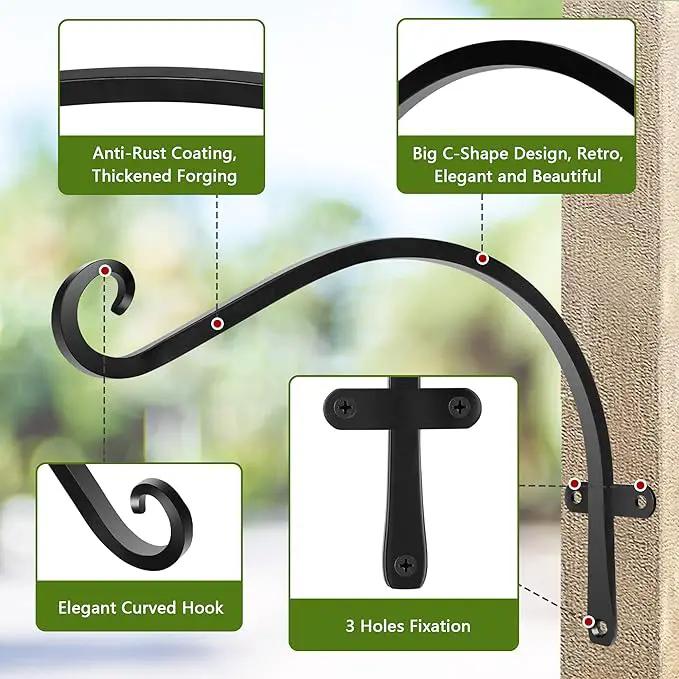 HOOPLE Plant Hangers Outdoor Heavy Duty 2 Pack, Extra Long 12 Inch Cast Iron Hanging Plant Bracket, Metal Black Plant Brackets Hook for Hanging Flower Baskets, Hanging Bracket, Elegant Design by GreenHaven Gardens
