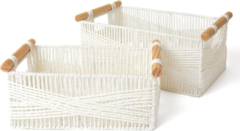 LA JOLIE MUSE Wicker Storage Baskets for Organizing, Recyclable Paper Rope Basket with Wood Handles, Decorative Hand Woven Basket Organizers for Makeup Books Shelves Living Room, White, Set of 2 by GreenHaven Gardens