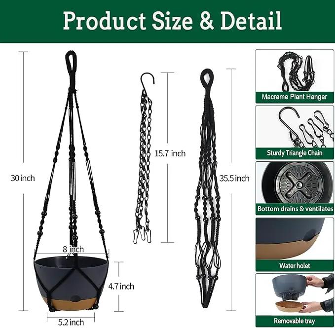 2 Pack Hanging Planters Set,10 Inch Indoor Outdoor Hanging Plant Pot Basket,Hanging Flower Pot with Drainage Hole with 3 Hooks for Garden Home… (Black Hanger Black Planters) by GreenHaven Gardens
