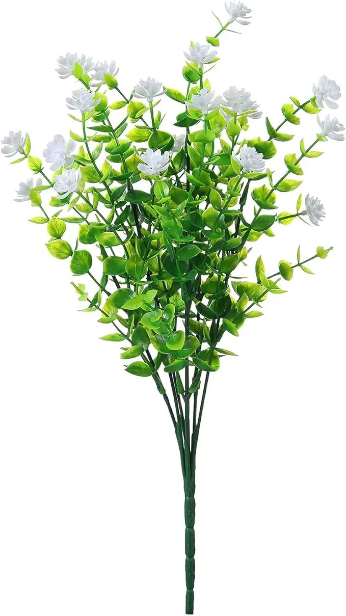 Artificial Plants Flowers Grass Shrubs 8 Pack No Fade Faux Plastic Flowers Outdoor for Vases Farmhouse Garden Porch Patio Office Indoor Wedding Decoration Greenery Fake Plants (2#White) by GreenHaven Gardens