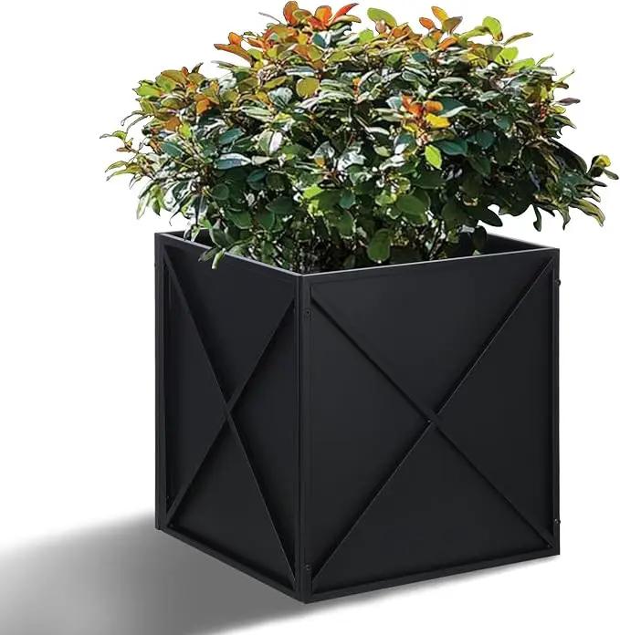 Metal Square Planter Box Tall Planters for Outdoor Plants Modern Heavy Duty with Drainage Holes for Outside Indoor Patio Deck - Black, 17”x 17”x 18” by GreenHaven Gardens