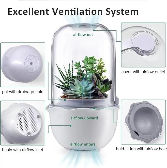 Smart Venus Fly Trap Terrarium Pot with Timer&Fan,Succulent Planter with Grow Light,Indoor Plant Pots Terrarium with Drainage Hole for Carnivorous Plants,Sundew Moss,Cactus(No Plant) by GreenHaven Gardens