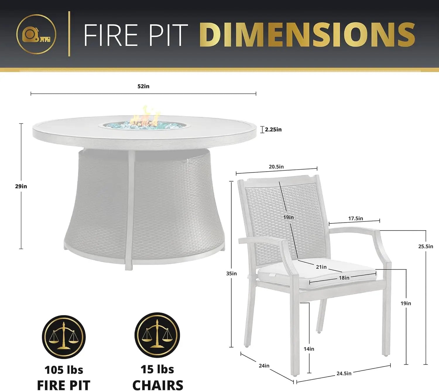 Mazatzal 7 Piece Wicker Patio Furniture Set with 52" Round Propane Gas Firepit Table, 6 Patio Chairs with Cushions, Outdoor Aluminum Conversation Set for Poolside, Backyard, CSA Certified, Gray by GreenHaven Gardens