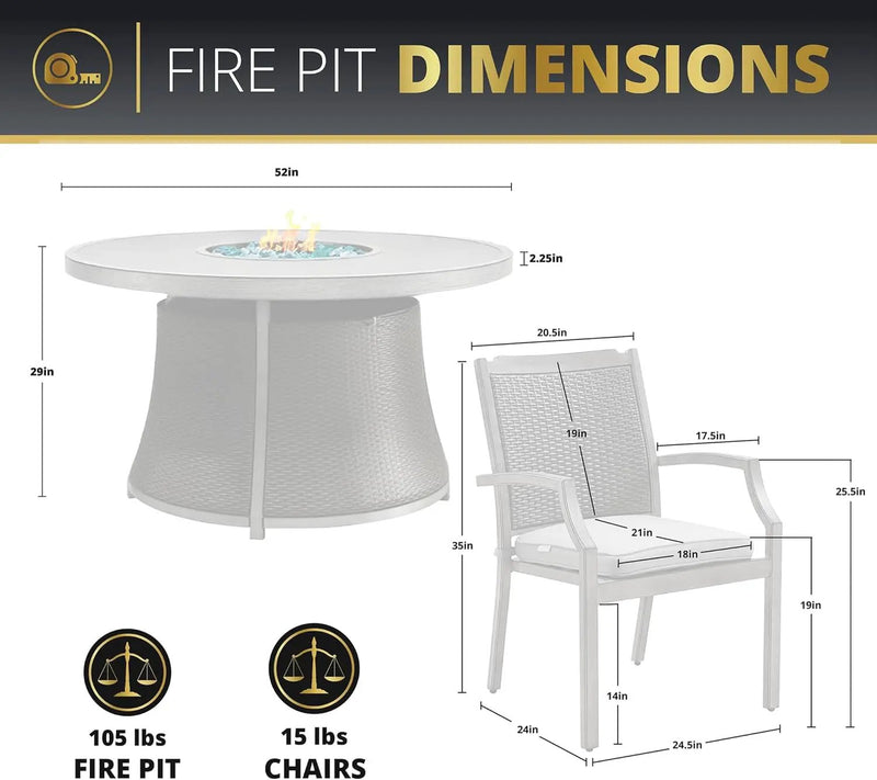 Mazatzal 7 Piece Wicker Patio Furniture Set with 52" Round Propane Gas Firepit Table, 6 Patio Chairs with Cushions, Outdoor Aluminum Conversation Set for Poolside, Backyard, CSA Certified, Gray by GreenHaven Gardens