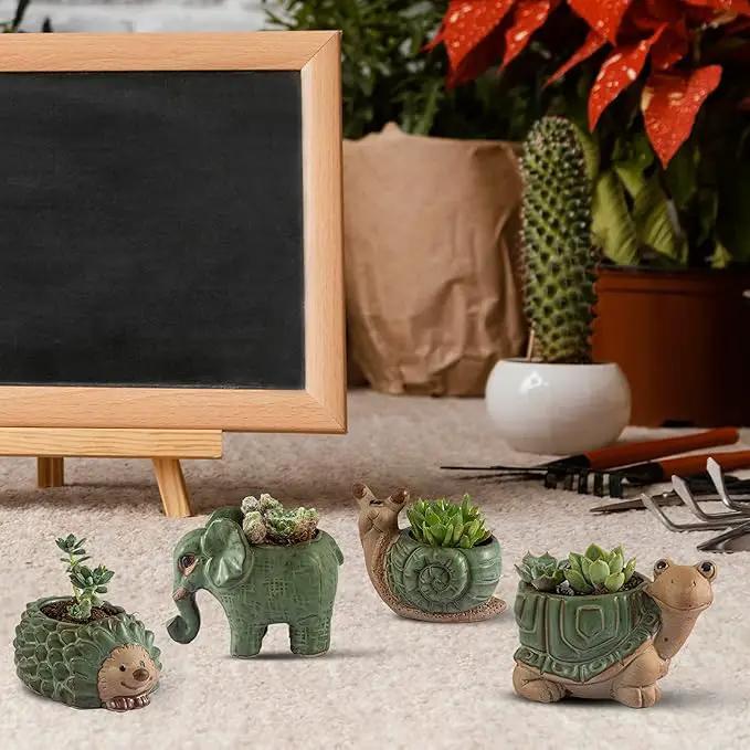 Small Succulent Pots with Drainage, Ceramic Animal Planter, Indoor Plant, Cute Cactus/Bonsai Flower Pots for Home Decor and Office Desk Decoration, A Set of 4 Pieces is Suitable as A Gift by GreenHaven Gardens