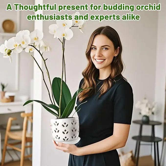 REMIAWY Orchid Pot, 2 Pack Orchid Pots with Drainage Holes and Saucer, 6 Inch and 5 Inch Large Ceramic Planter for Repotting Indoor Plants, Succulent, Decorative, Good Air Circulation, White by GreenHaven Gardens