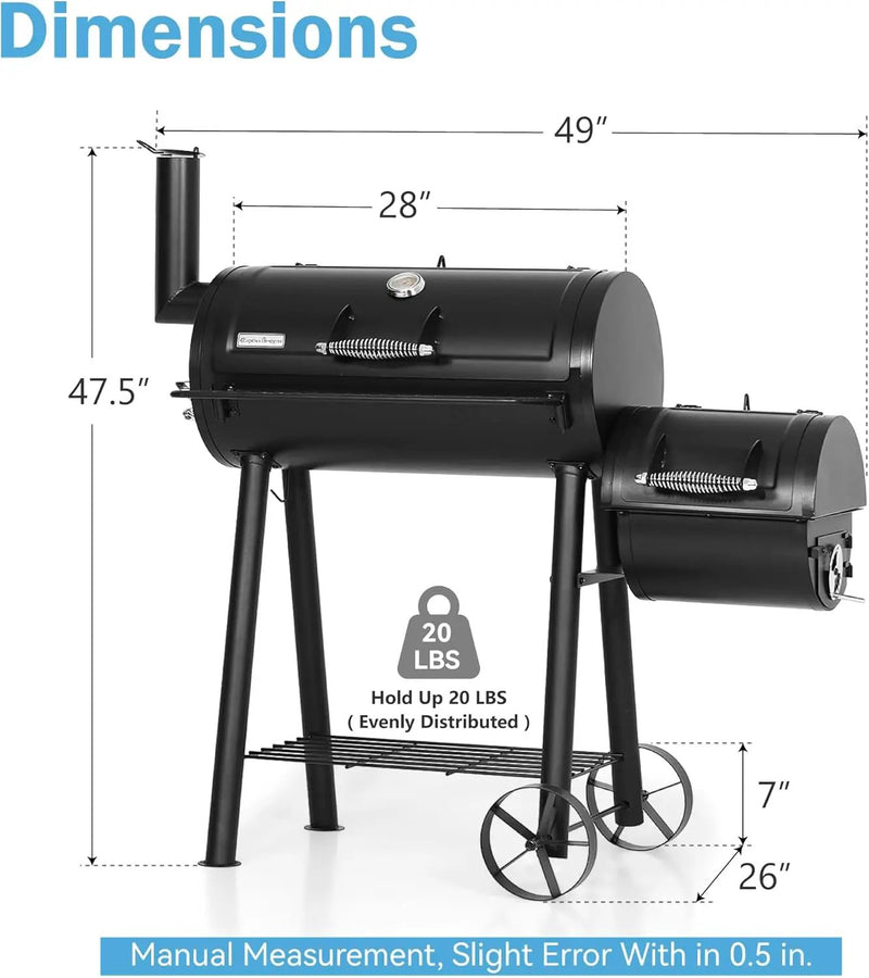 GREEN PARTY Offset Smoker Charcoal Grills with 28 Inch Cook Chamber, Barrel Smoker and Charcoal Grill Combo, 512 Sq. In. Space Barrel Smoker Grill for Outdoor BBQ Patio Backyard Cooking by GreenHaven Gardens